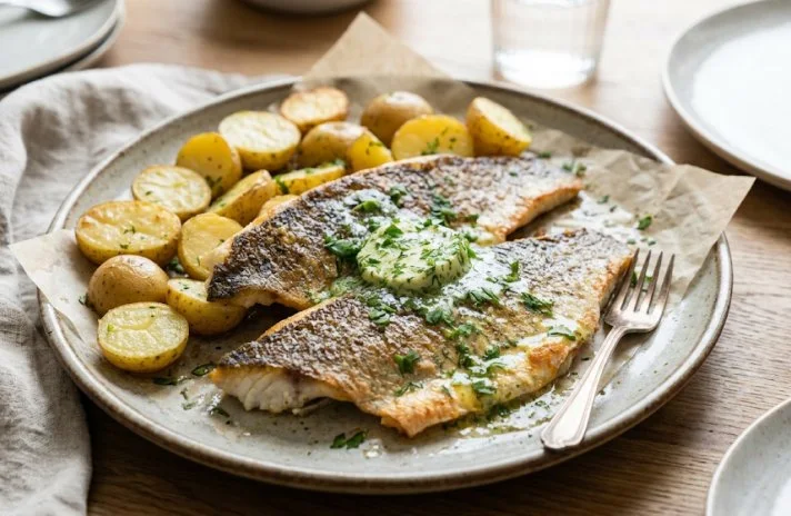 Roasted Pike-Perch with Herb Butter and New Potatoes
