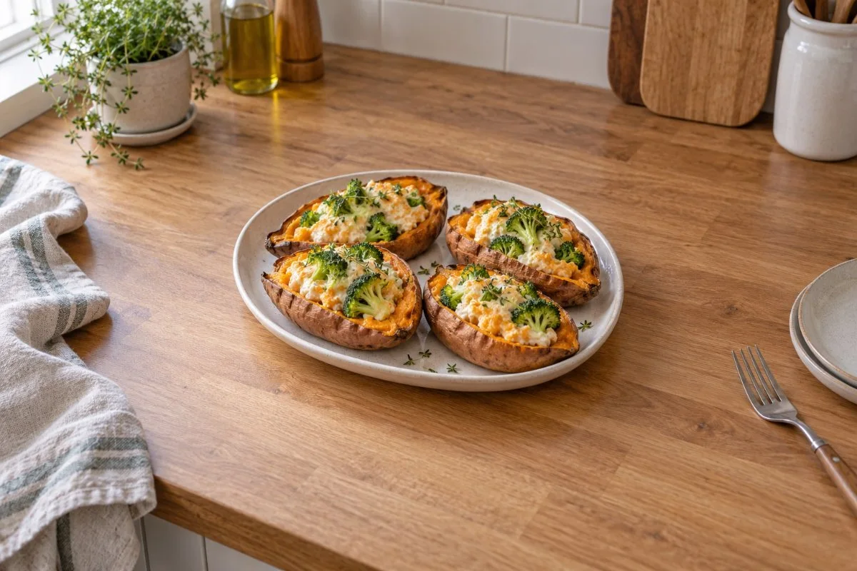 Baked sweet potatoes with broccoli and quark