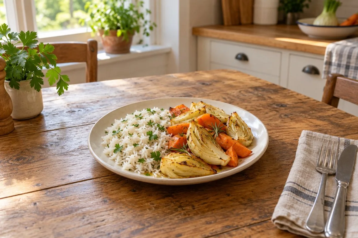 Roasted fennel and carrots with herb rice