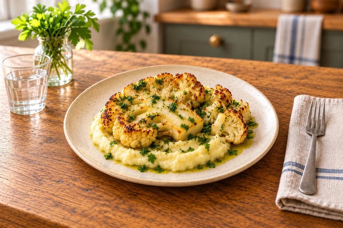 Roasted cauliflower steaks with potato mash and parsley oil