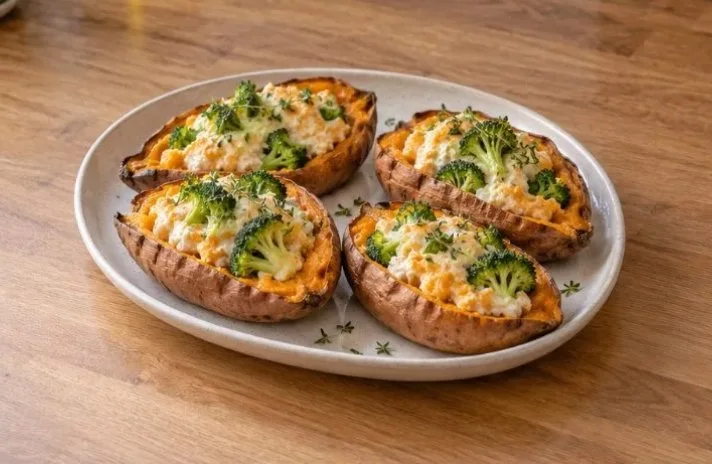 Baked sweet potatoes with broccoli and quark